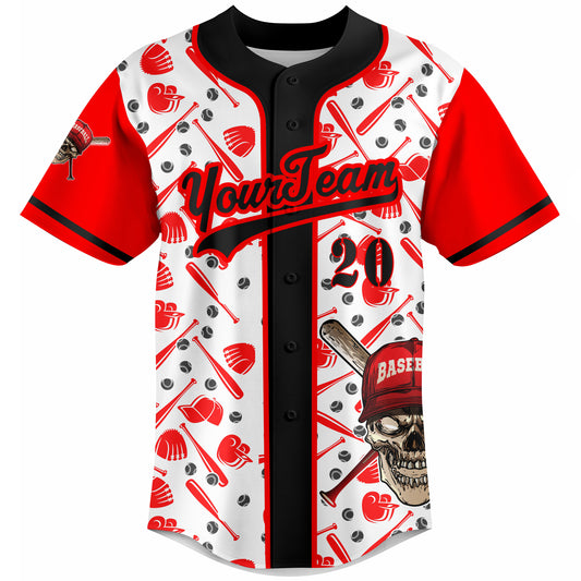 Custom red and white skull pattern baseball jersey with bats and ball graphics, sublimated team uniform