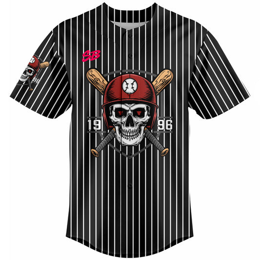 Black pinstripe baseball jersey with skull and bat graphic, custom sublimated team uniform