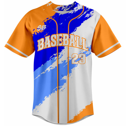 Custom blue and orange baseball jersey with brush stroke design, sublimated team uniform with player number and logo