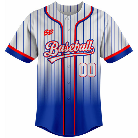 Custom blue pinstripe baseball jersey with gradient design, sublimated team uniform with logo and number