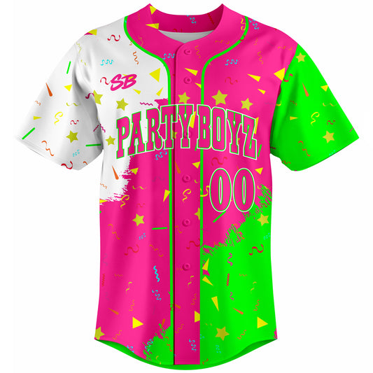 Custom neon pink and green baseball jersey with party theme design, sublimated team uniform with name and number customization