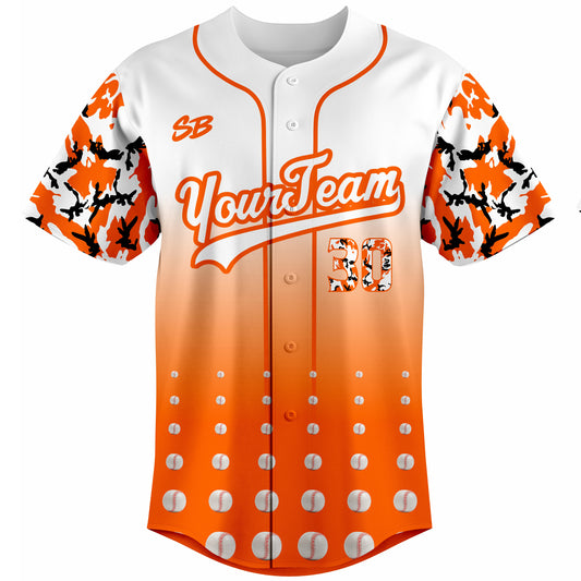 Custom orange camo baseball jersey front view with team name and number sublimated uniform