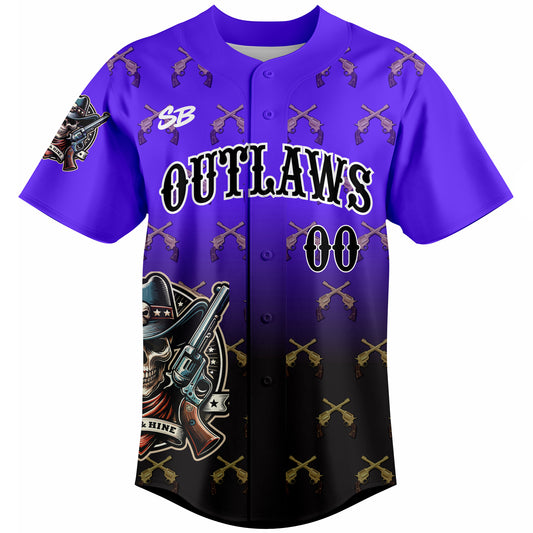 Custom Outlaws baseball jersey in purple gradient with sublimated western design, personalized team uniform