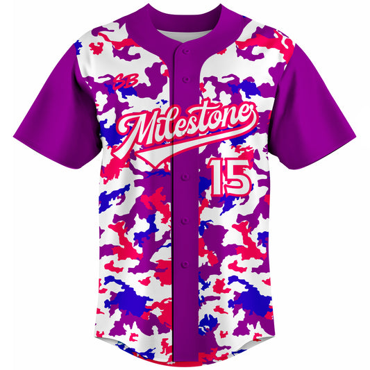 Custom pink and purple camo baseball jersey with sublimated design, personalized team uniform with name and number