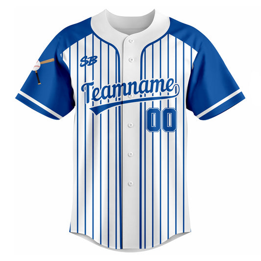 Custom pinstripe baseball jersey front view with team name and number sublimated uniform