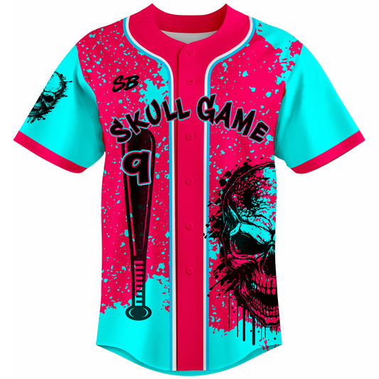 Custom Skull Game baseball jersey neon pink and teal with skull graphic and bat design, sublimated uniform