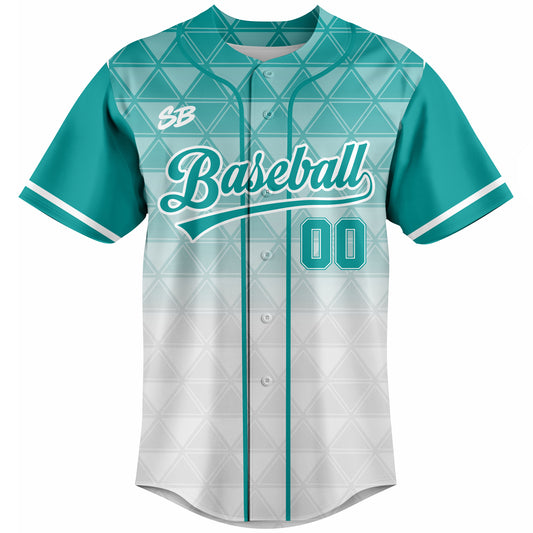 Custom teal geometric baseball jersey with gradient design, button front, team name and number customization