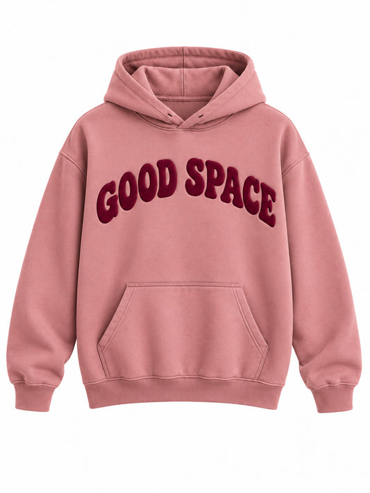 Front view of the Good Space dusty rose puff print hoodie with burgundy GOOD SPACE arched lettering in puff print