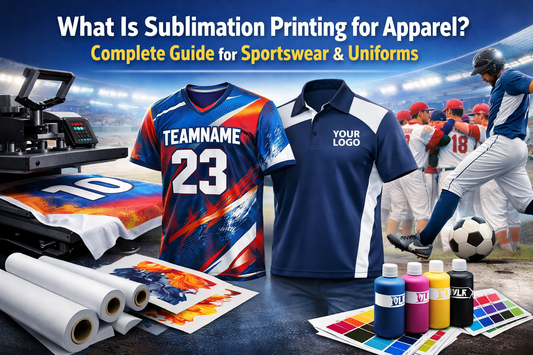 Sublimation printing process for apparel showing custom sports jerseys and uniforms with vibrant full-color designs