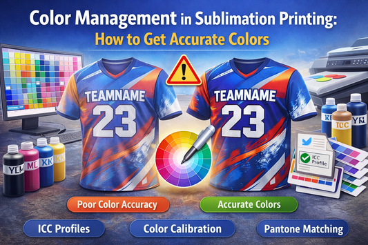 Color management process in sublimation printing showing accurate color matching on custom apparel