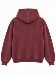 Back view of the Eroded Terrain burgundy acid wash boxy hoodie with plain back