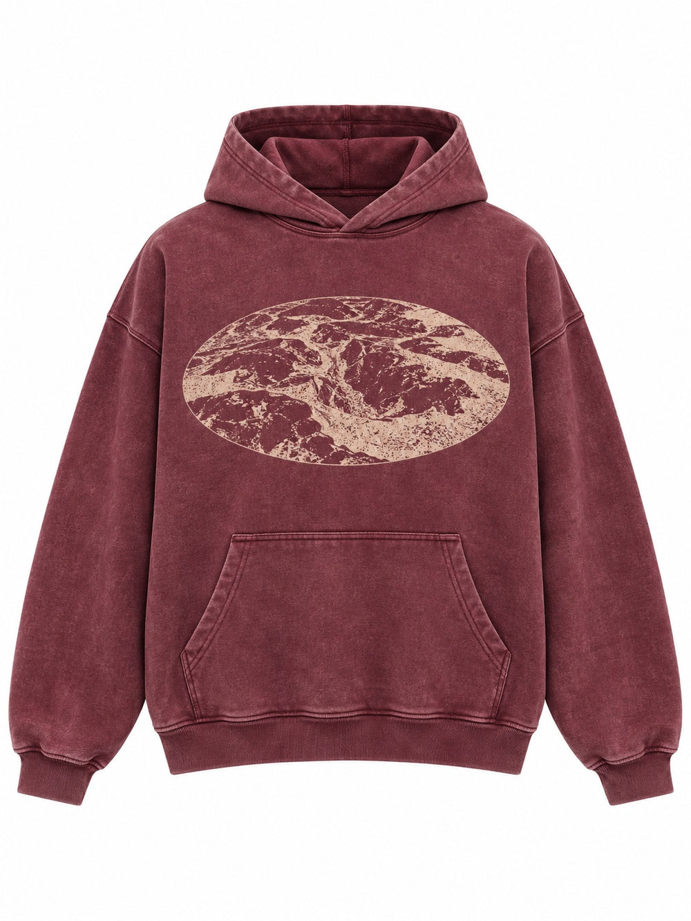 Front view of the Eroded Terrain burgundy acid wash boxy hoodie with large oval sand-colored terrain-map print on the chest