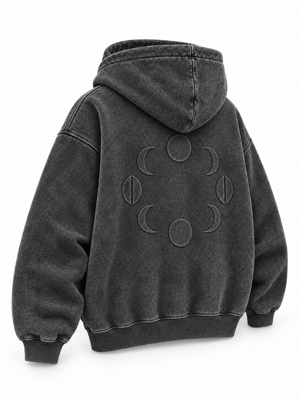 Rear three-quarter view of the Lunar Ash washed charcoal acid wash boxy hoodie