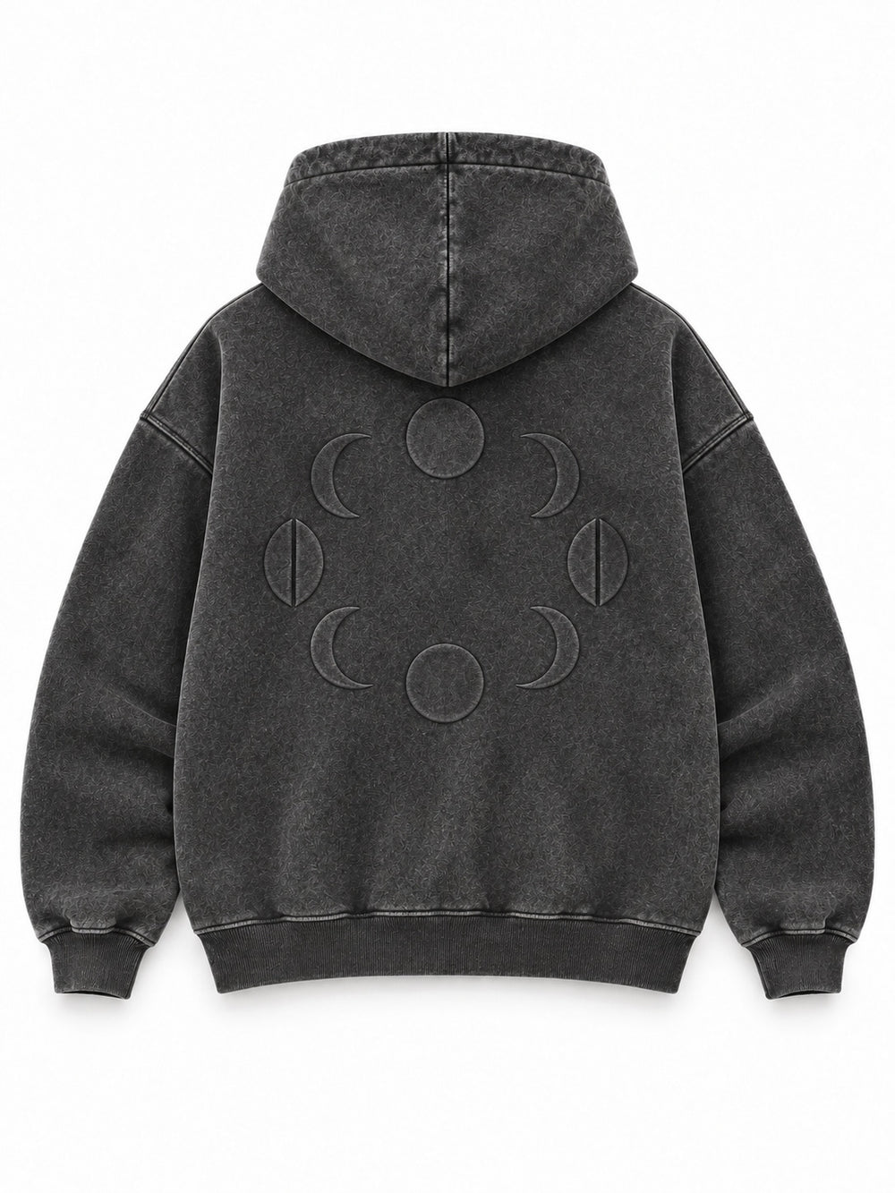 Back view of the Lunar Ash washed charcoal acid wash boxy hoodie with a circular arrangement of embroidered moon phases
