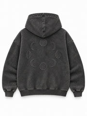 Back view of the Lunar Ash washed charcoal acid wash boxy hoodie with a circular arrangement of embroidered moon phases