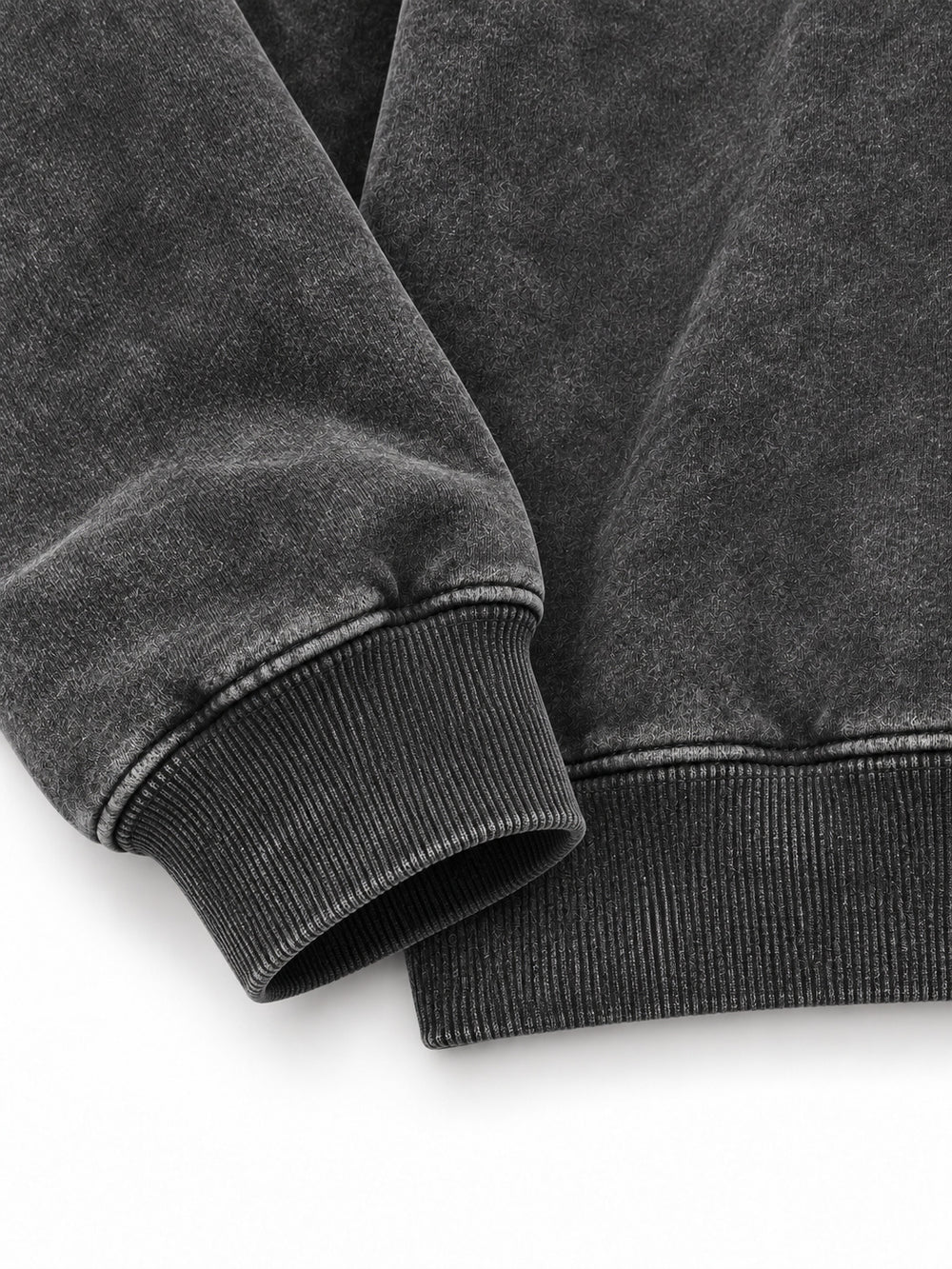 Close-up of the cuff and hem rib of the Lunar Ash washed charcoal acid wash boxy hoodie