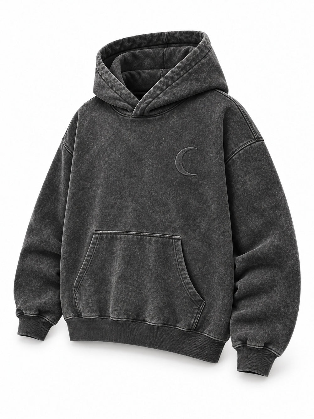 Front three-quarter view of the Lunar Ash washed charcoal acid wash boxy hoodie