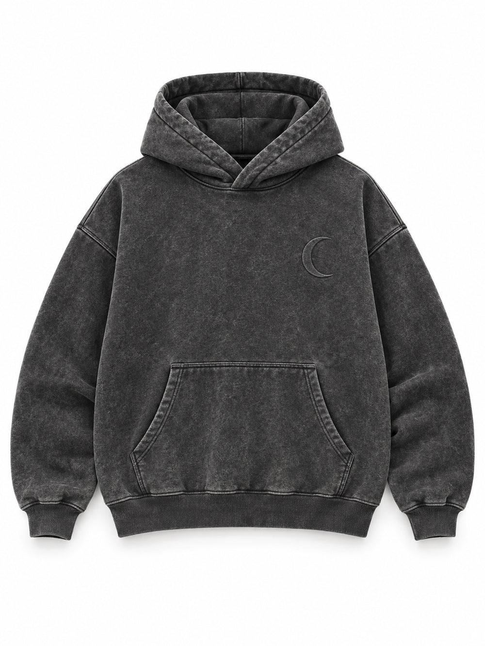 Front view of the Lunar Ash washed charcoal acid wash boxy hoodie with tonal crescent embroidery at the left chest