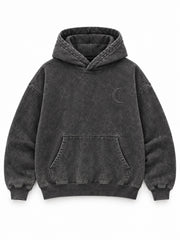 Front view of the Lunar Ash washed charcoal acid wash boxy hoodie with tonal crescent embroidery at the left chest