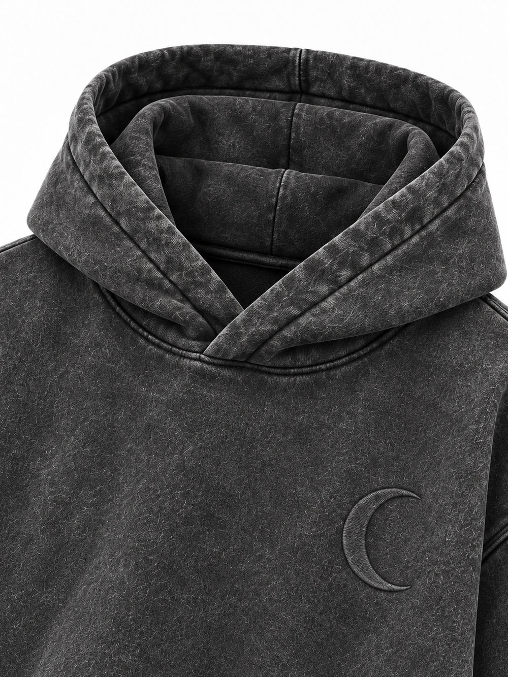 Close-up of the hood and neckline of the Lunar Ash washed charcoal acid wash boxy hoodie