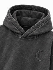 Close-up of the hood and neckline of the Lunar Ash washed charcoal acid wash boxy hoodie