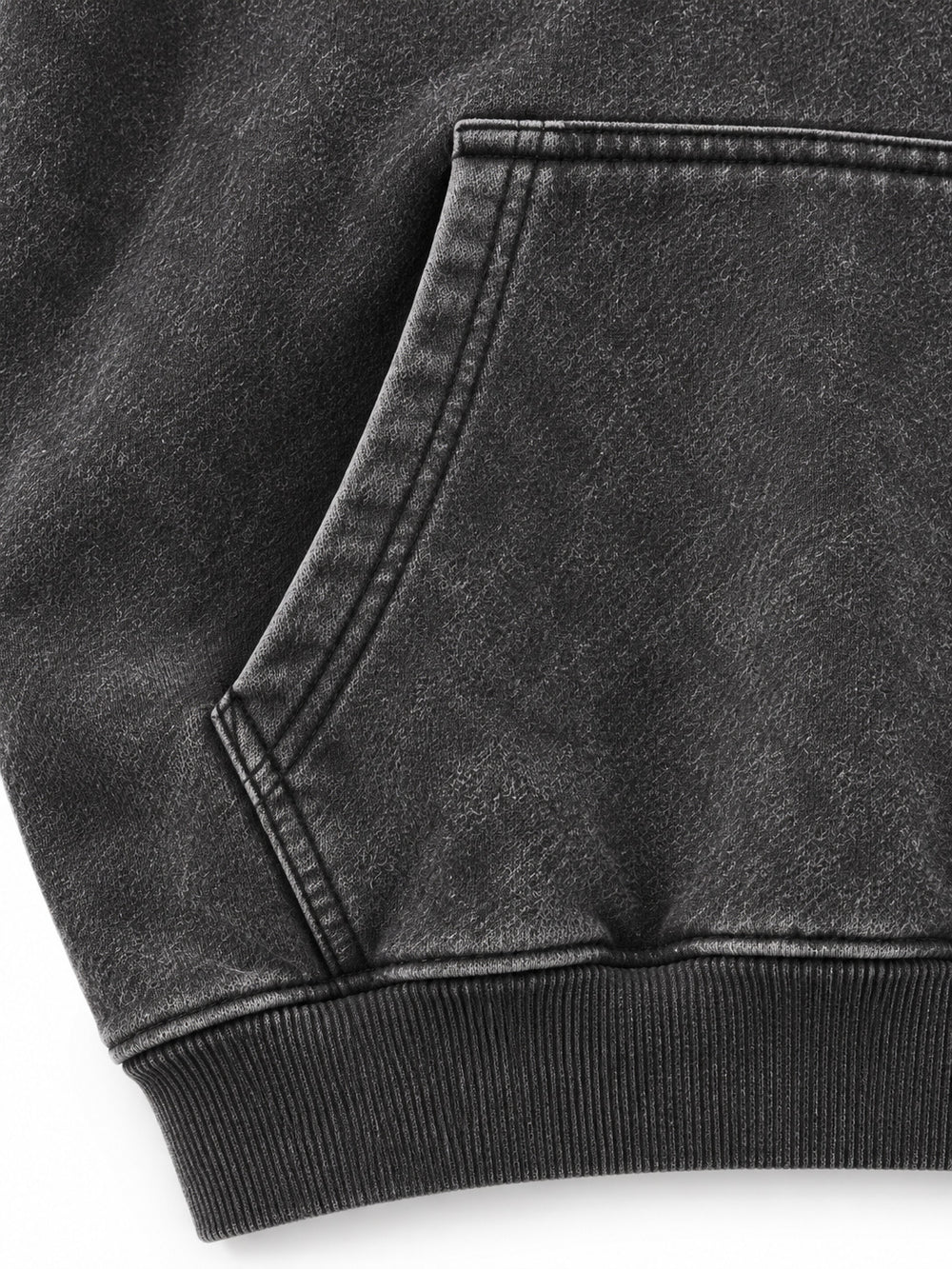 Close-up of the seam stitching of the Lunar Ash washed charcoal acid wash boxy hoodie