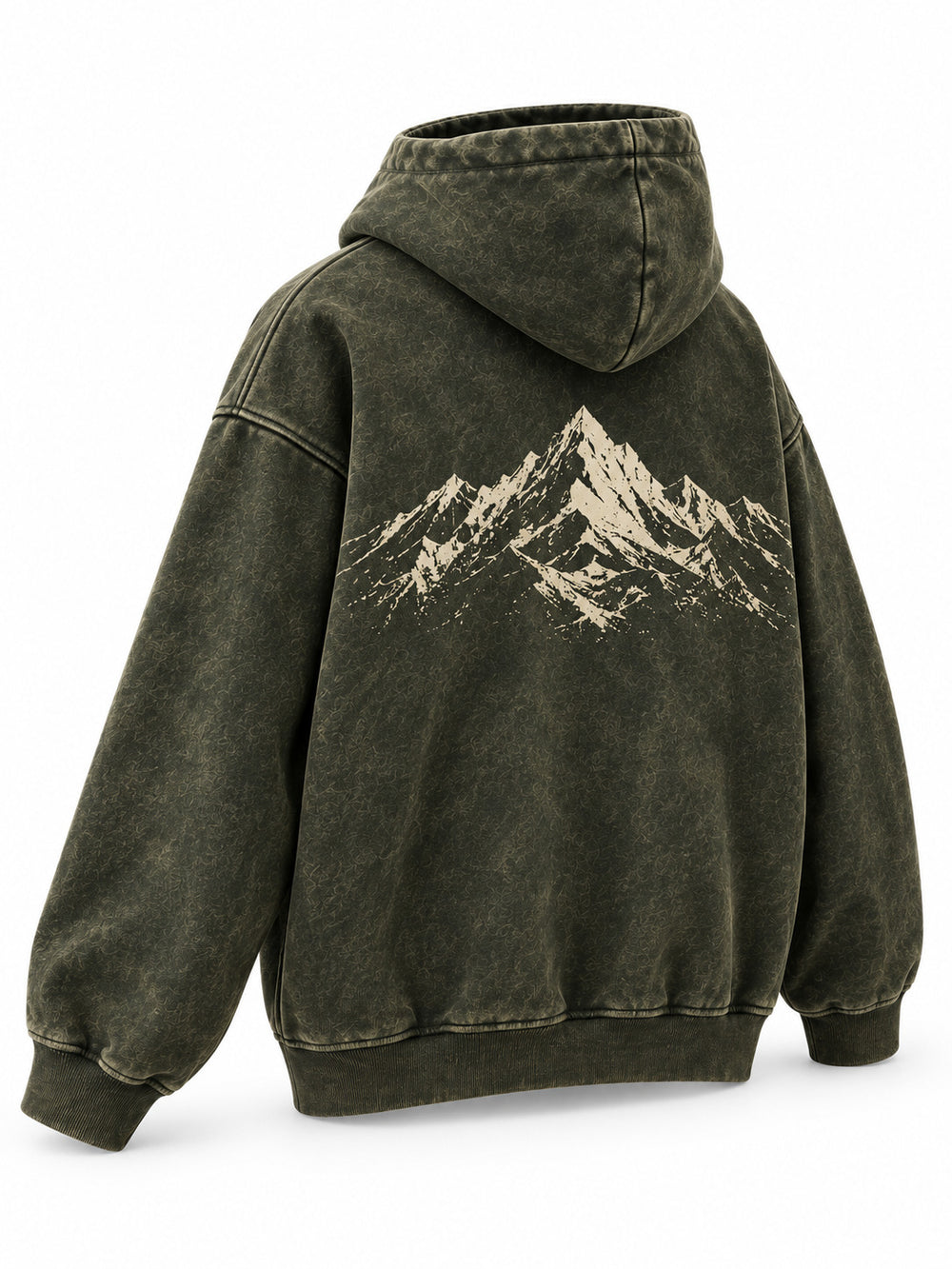Rear three-quarter view of the Olive Fade olive acid wash oversized hoodie