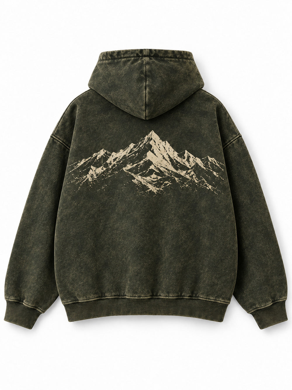 Back view of the Olive Fade olive acid wash oversized hoodie with a large cream mountain-range graphic