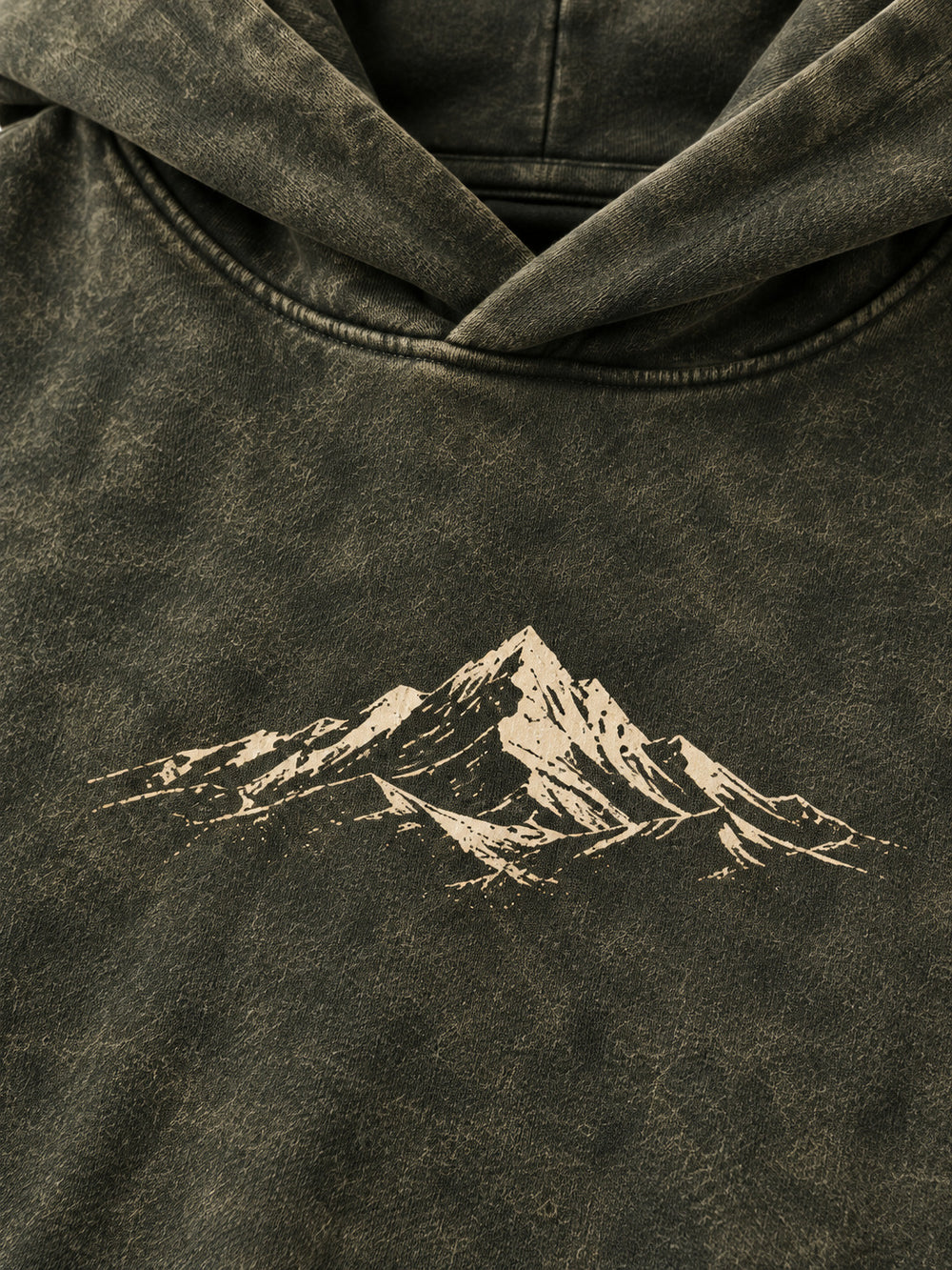 Close-up of the acid wash decoration on the Olive Fade olive acid wash oversized hoodie
