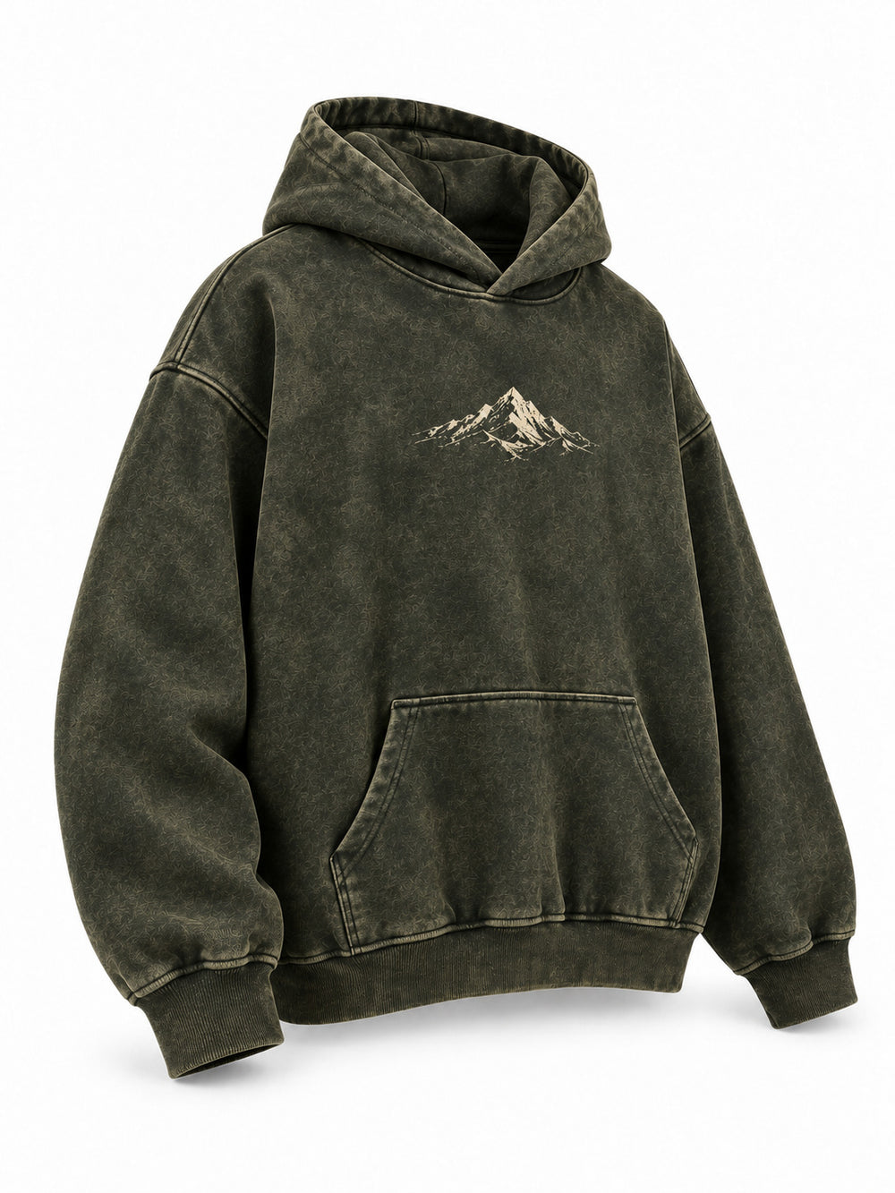 Front three-quarter view of the Olive Fade olive acid wash oversized hoodie