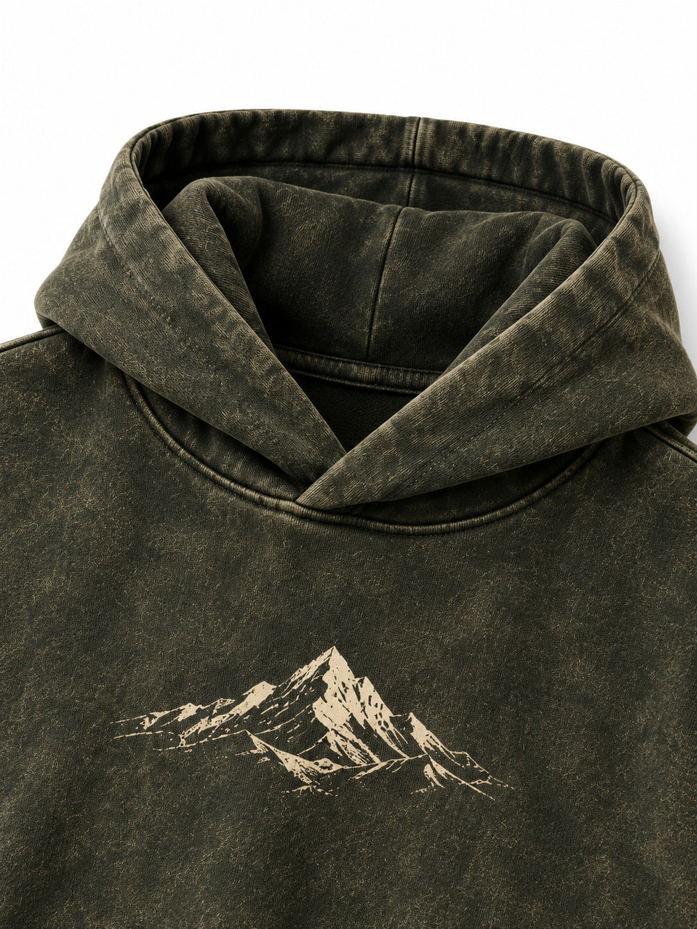 Close-up of the hood and neckline of the Olive Fade olive acid wash oversized hoodie