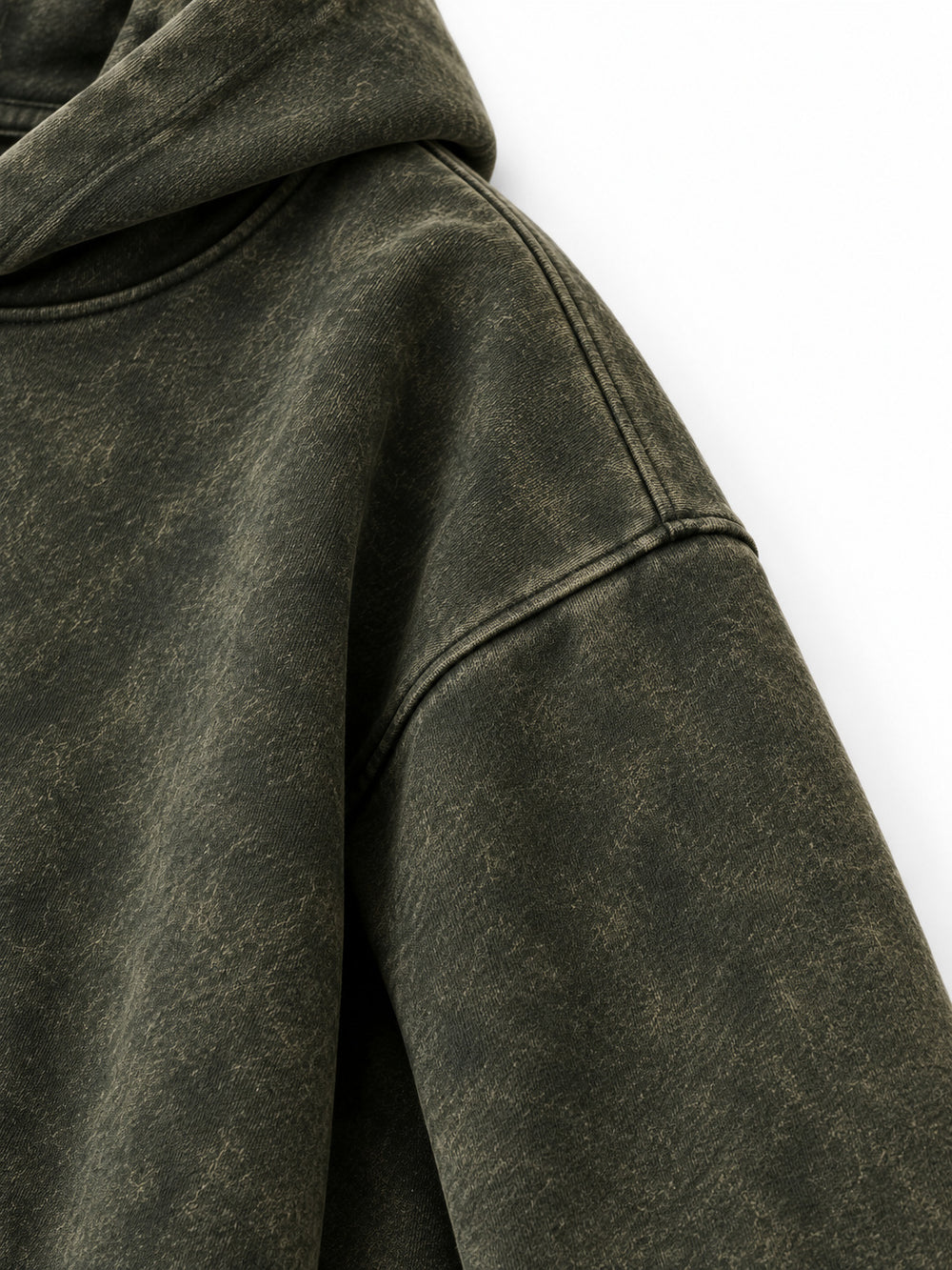 Close-up of the sleeve of the Olive Fade olive acid wash oversized hoodie
