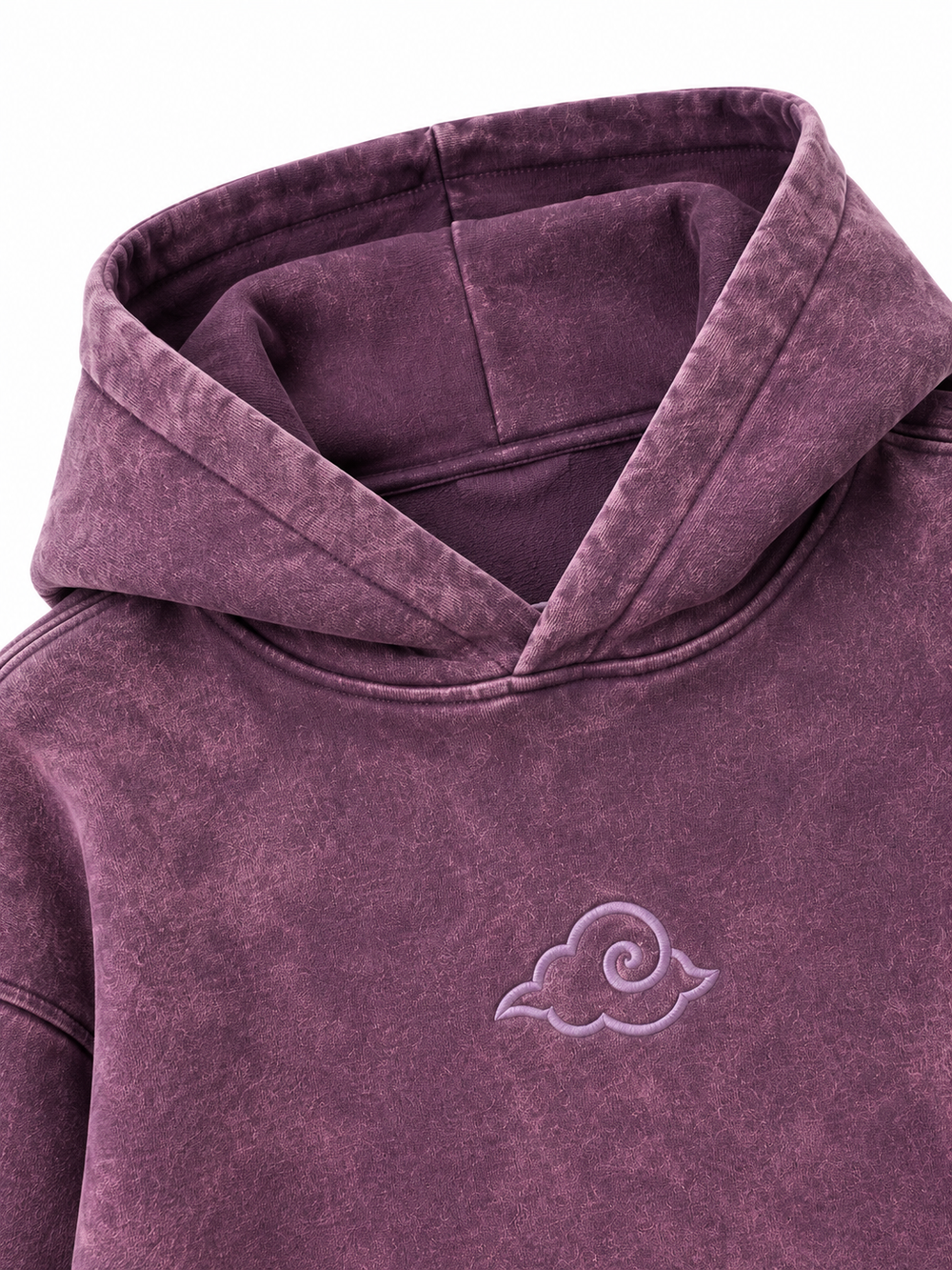 Detail view of the Cloud Crop plum acid wash cropped hoodie