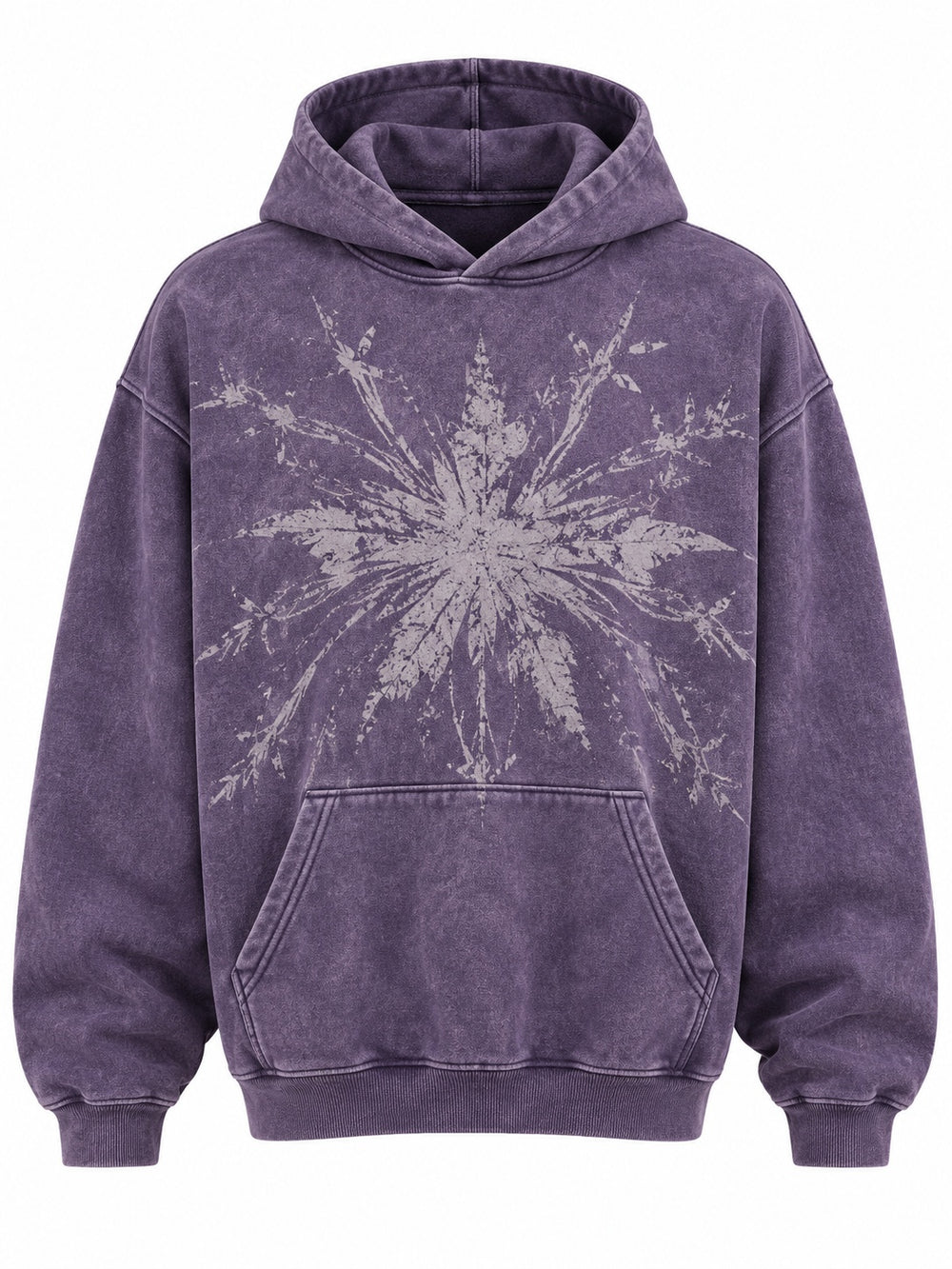 Front view of the Static Bloom violet acid wash oversized hoodie with large cream splatter-starburst graphic across the chest