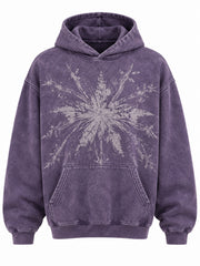 Front view of the Static Bloom violet acid wash oversized hoodie with large cream splatter-starburst graphic across the chest