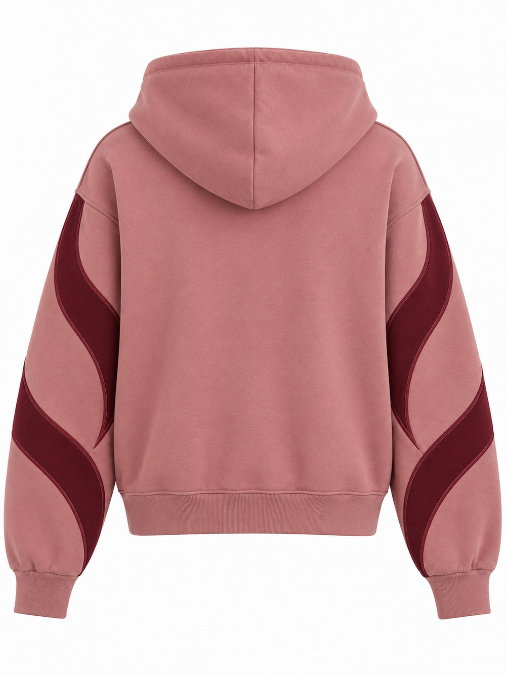 Back view of the Wave Panel dusty rose appliqué boxy zip-up hoodie with plain back; the burgundy panels continue across the upper sleeves