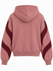 Back view of the Wave Panel dusty rose appliqué boxy zip-up hoodie with plain back; the burgundy panels continue across the upper sleeves
