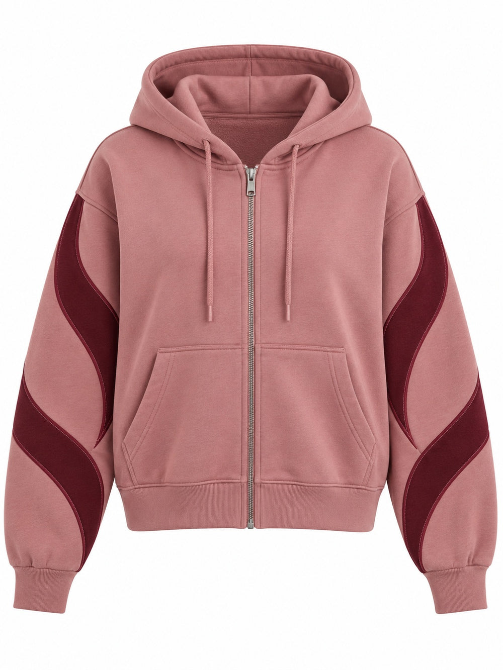 Front view of the Wave Panel dusty rose appliqué boxy zip-up hoodie with two burgundy appliqué panels sweep down the sleeves in curved bands