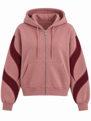 Front view of the Wave Panel dusty rose appliqué boxy zip-up hoodie with two burgundy appliqué panels sweep down the sleeves in curved bands