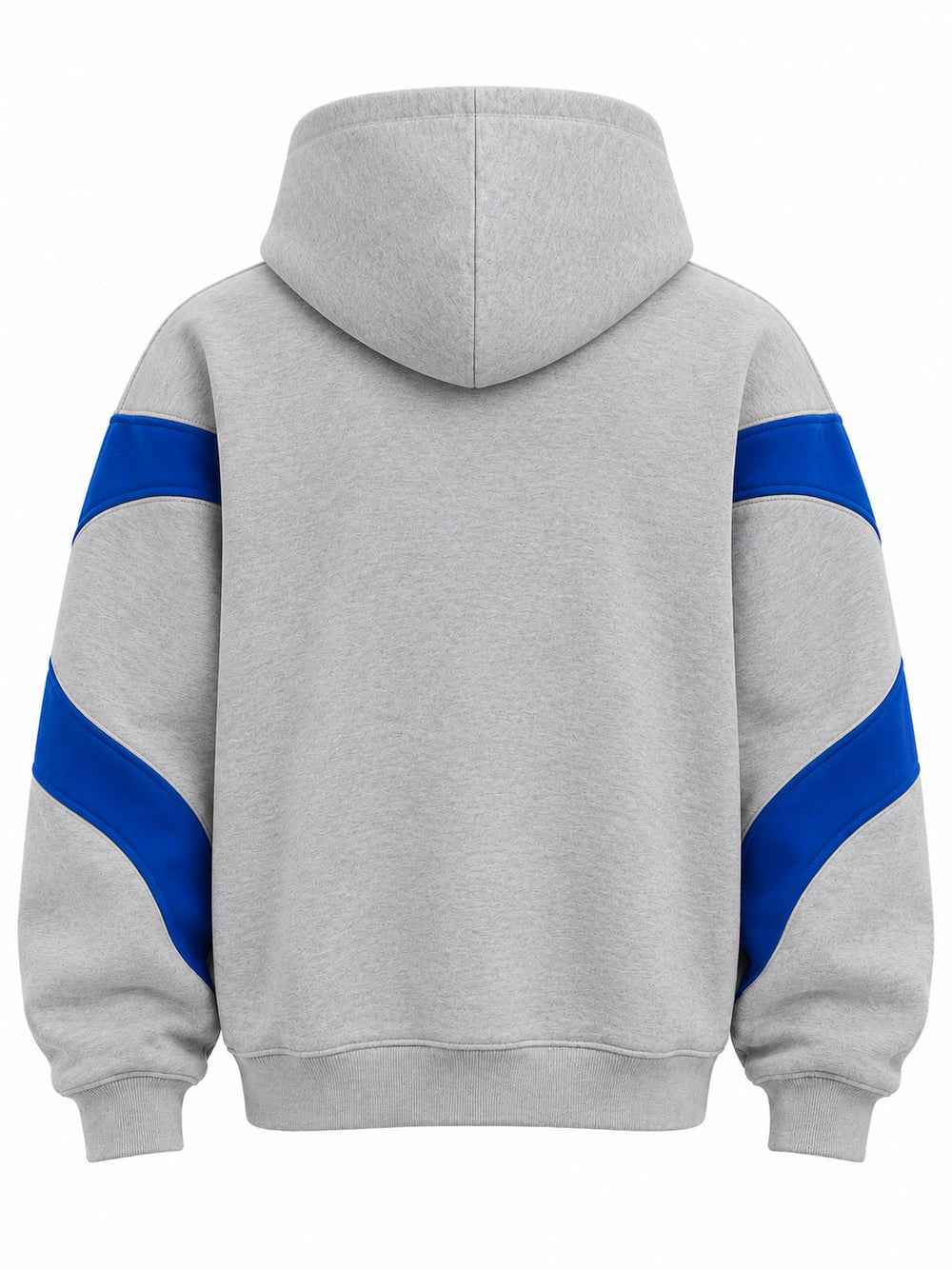 Back view of the Track Curve ash grey appliqué oversized quarter-zip hoodie with plain back; the blue band continues across the upper sleeves