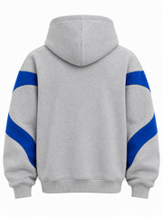 Back view of the Track Curve ash grey appliqué oversized quarter-zip hoodie with plain back; the blue band continues across the upper sleeves