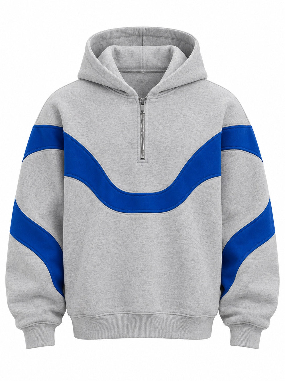 Front view of the Track Curve ash grey appliqué oversized quarter-zip hoodie with electric blue appliqué wave band across the chest and down the sleeves