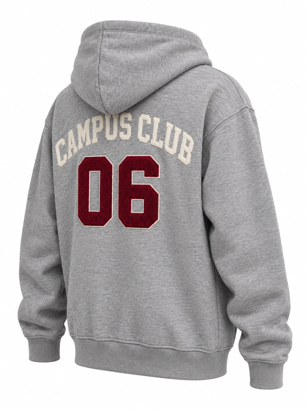 Rear three-quarter view of the Campus Zip heather gray chenille zip-up hoodie