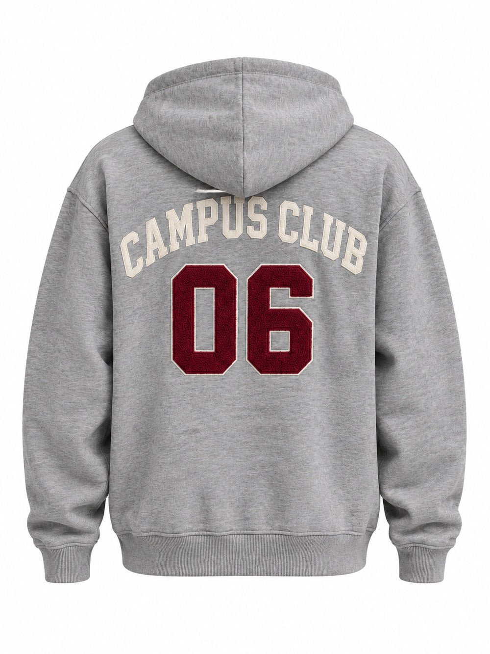 Back view of the Campus Zip heather gray chenille zip-up hoodie with cream CAMPUS CLUB tackle-twill arch above a burgundy 06
