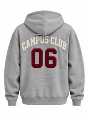 Back view of the Campus Zip heather gray chenille zip-up hoodie with cream CAMPUS CLUB tackle-twill arch above a burgundy 06