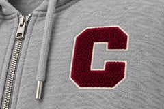 Close-up of the chenille decoration on the Campus Zip heather gray chenille zip-up hoodie