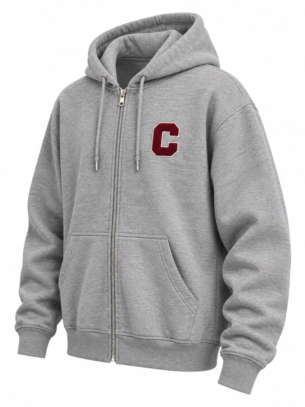 Front three-quarter view of the Campus Zip heather gray chenille zip-up hoodie