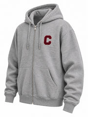 Front three-quarter view of the Campus Zip heather gray chenille zip-up hoodie