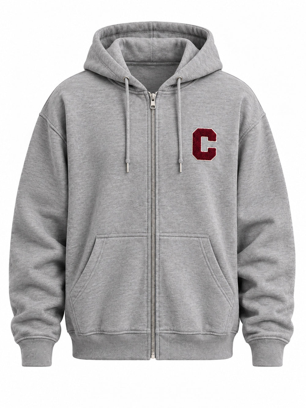 Front view of the Campus Zip heather gray chenille zip-up hoodie with small burgundy chenille C patch on the left chest