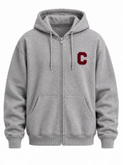 Front view of the Campus Zip heather gray chenille zip-up hoodie with small burgundy chenille C patch on the left chest